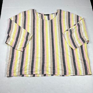 For Cynthia Linen Top Striped Gold Metallic Relaxed Boxy Fit Shirt Casual L